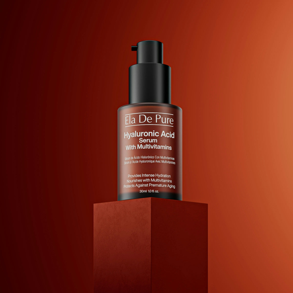 Hyaluronic acid serum bottle on a red cube.