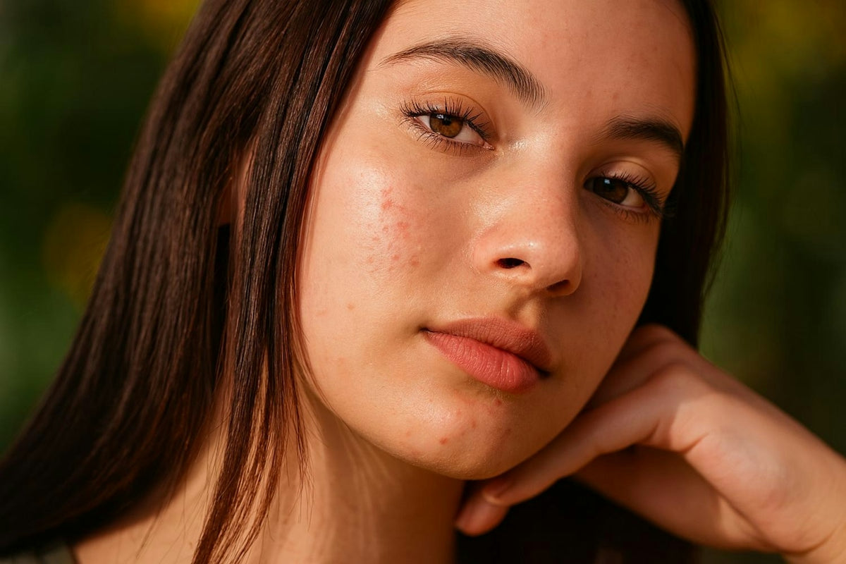 A young woman with long dark hair and skin texture in warm light